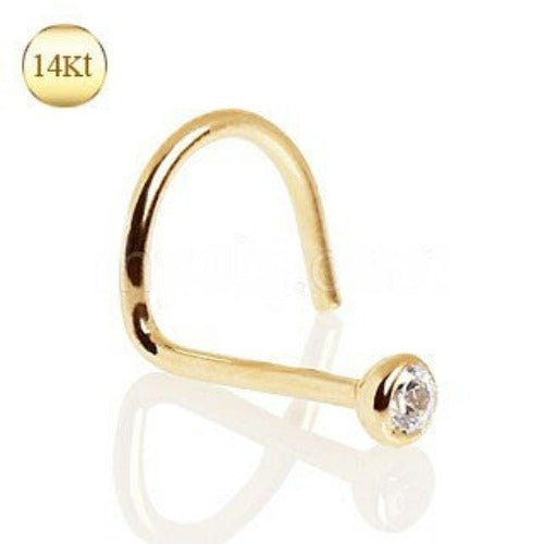 14K yellow gold screw nose ring with press-fit CZ gemstone, stylish jewelry piece showcasing a sleek design and sparkling detail.