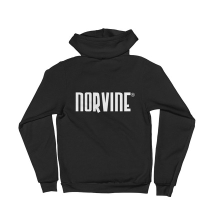 Callisto Norvine Zipped AA Hoodie in dark heather grey, front and back view showing small logo and zipper detail.
