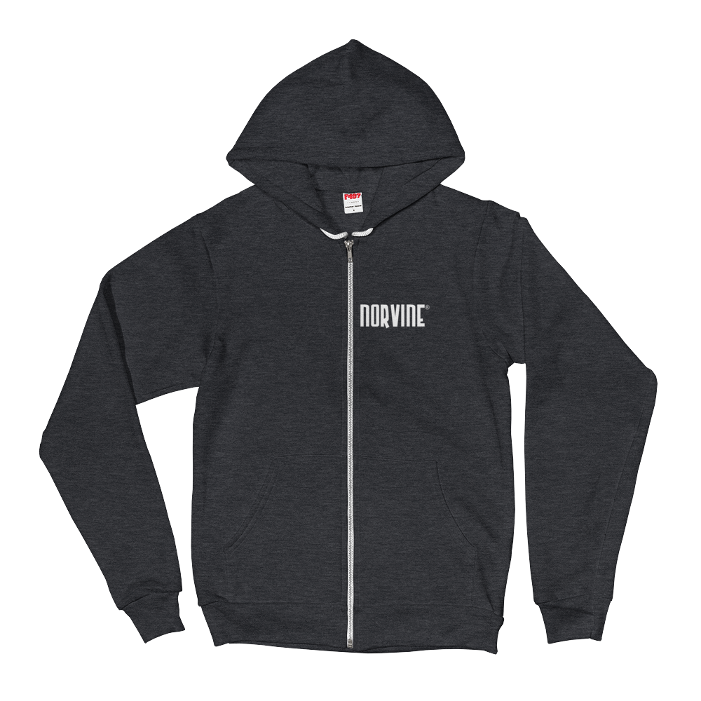 Callisto Norvine Zipped AA Hoodie in dark heather grey, front and back view showcasing the small logo and hoodie design.