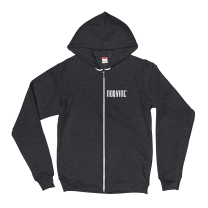 Callisto Norvine Zipped AA Hoodie in dark heather grey, front and back view showcasing the small logo and hoodie design.