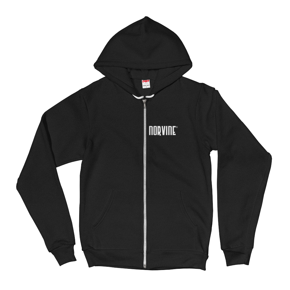 Callisto Norvine Zipped AA Hoodie in dark heather grey with front and back print, casual sweater with zip-up design.