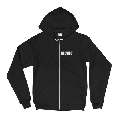 Callisto Norvine Zipped AA Hoodie in dark heather grey with front and back print, casual sweater with zip-up design.
