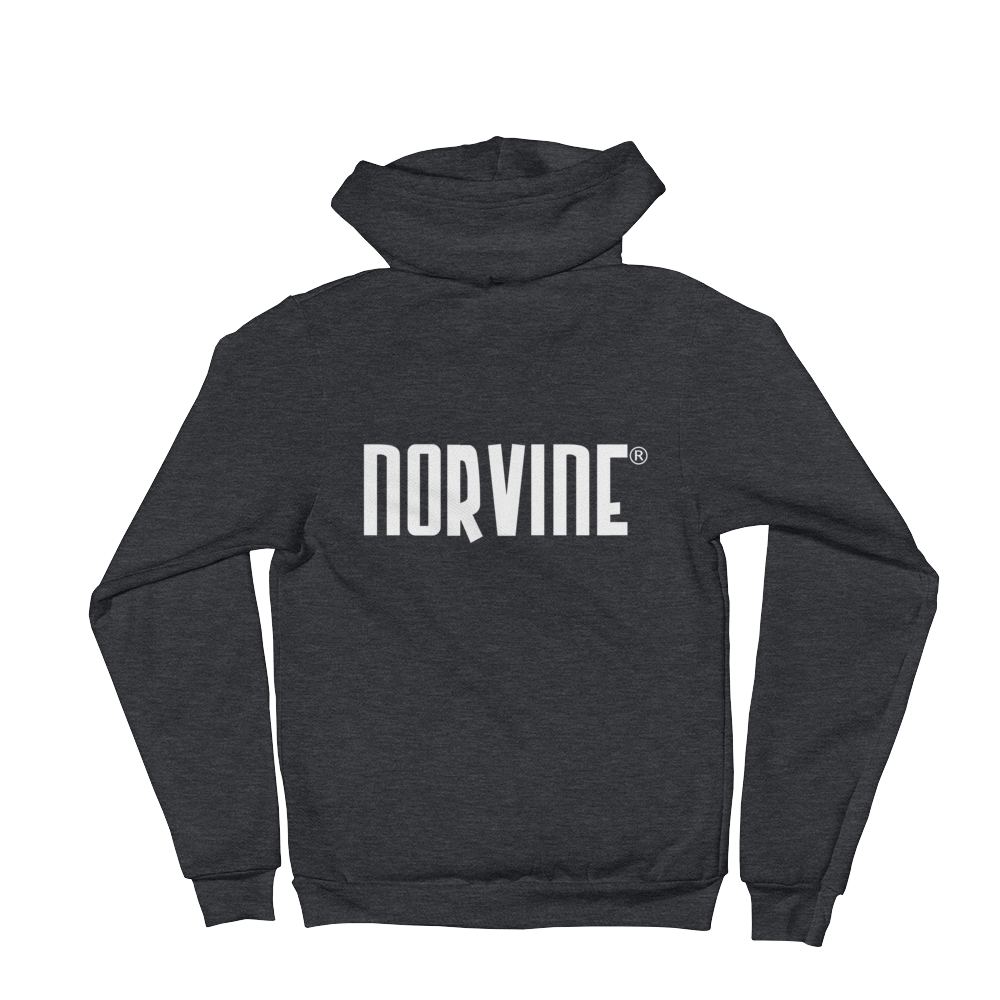 Callisto Norvine Zipped AA Hoodie in dark heather grey, front and back view showing small logo and zipper details.