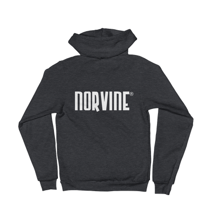 Callisto Norvine Zipped AA Hoodie in dark heather grey, front and back view showing small logo and zipper details.