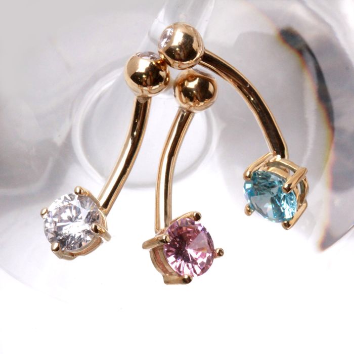 14K gold navel ring with prong set round cubic zirconia, stylish jewelry piece from Peridot.