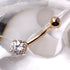 14K gold navel ring with prong-set round cubic zirconia from Peridot, featuring a sleek and elegant jewelry design.