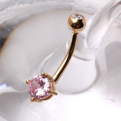 14K gold navel ring with prong-set round cubic zirconia, sparkling jewelry piece by Peridot.