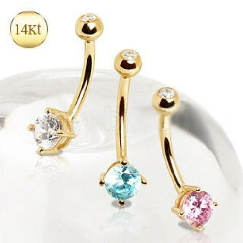 14K gold navel ring with prong set round cubic zirconia, elegant jewelry piece from Peridot.
