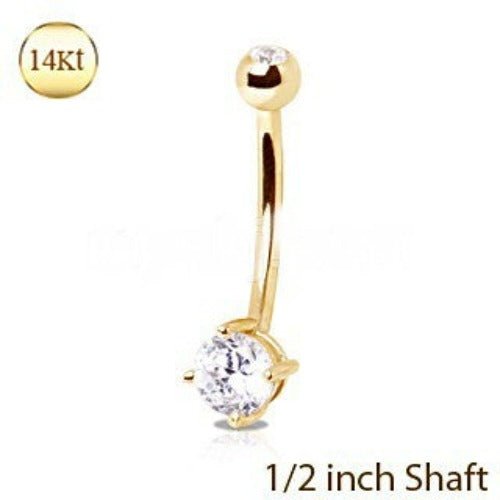 14K yellow gold navel ring with clear round CZ prong set, jewelry and watch accessory, by Peridot.