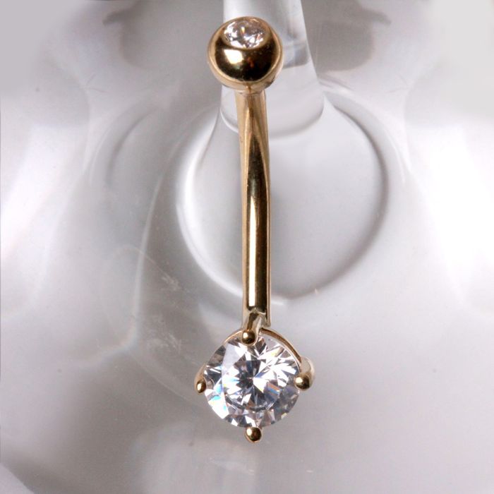 14K yellow gold navel ring with clear round CZ prong set, 1/2-inch length, from Peridot jewelry collection.