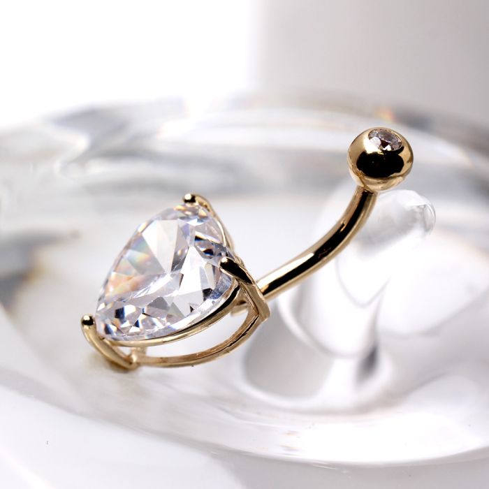 14K yellow gold navel ring with large clear heart-shaped CZ prong set, jewelry and watches by Peridot.