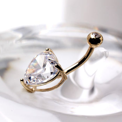 14K yellow gold navel ring with large clear heart-shaped CZ prong set, jewelry and watches by Peridot.