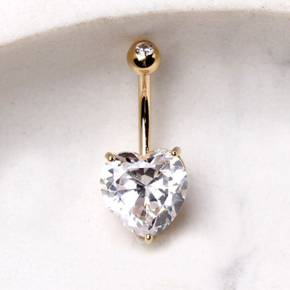 14K yellow gold navel ring with large clear heart-shaped CZ gemstone and prong setting, jewelry and watches by Peridot