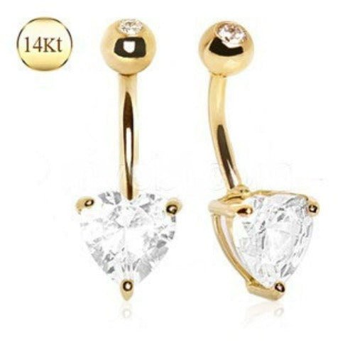 14K yellow gold navel ring with large clear heart-shaped CZ prong setting, jewelry and watches by Peridot.