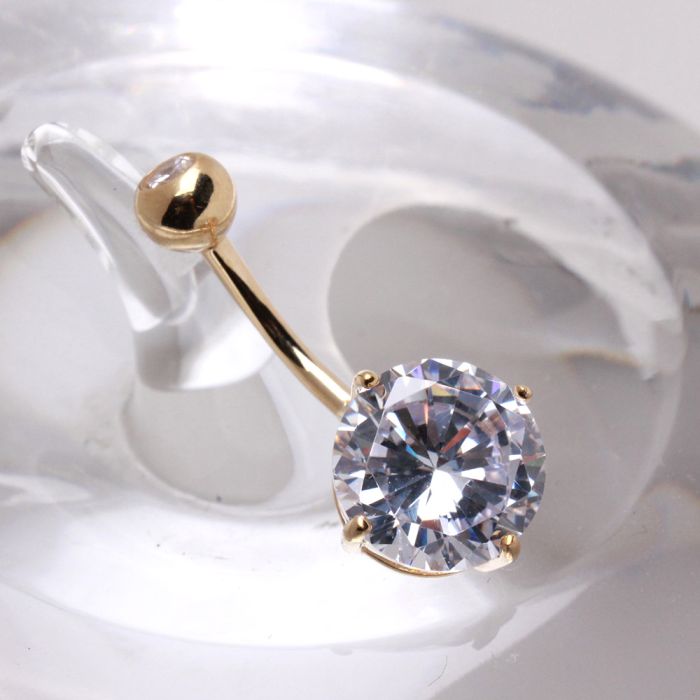 14K yellow gold navel ring with large clear round prong set cubic zirconia, jewelry and watches by Peridot