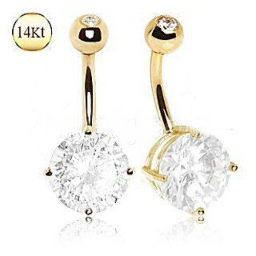 14K yellow gold navel ring with large clear round prong-set cubic zirconia, jewelry and fashion accessory by Peridot