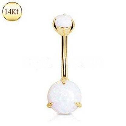 14K yellow gold navel ring with prong set white synthetic opal, jewelry and watch accessories from Peridot.
