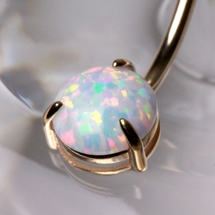 14K yellow gold navel ring with prong set white synthetic opal, jewelry and watch accessory, stylish and elegant body jewelry