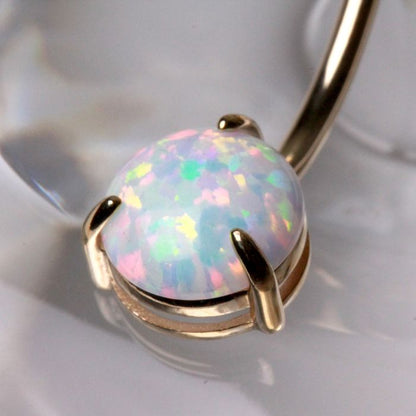 14K yellow gold navel ring with prong set white synthetic opal, jewelry and watch accessory, stylish and elegant body jewelry