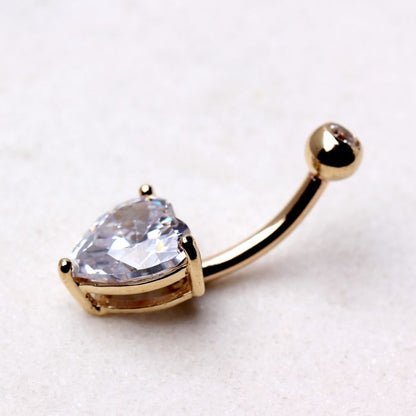 14Kt yellow gold navel ring with heart-shaped gem in prong setting, featuring elegant jewelry design by Peridot.