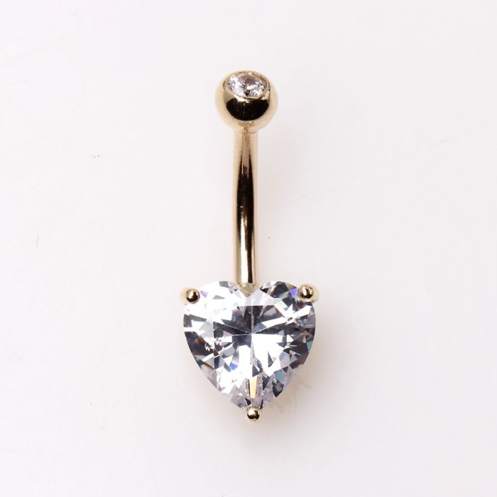 14K yellow gold navel ring with heart-shaped gem in prong setting, jewelry and watch accessory by Peridot.