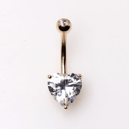14K yellow gold navel ring with heart-shaped gem in prong setting, jewelry and watch accessory by Peridot.