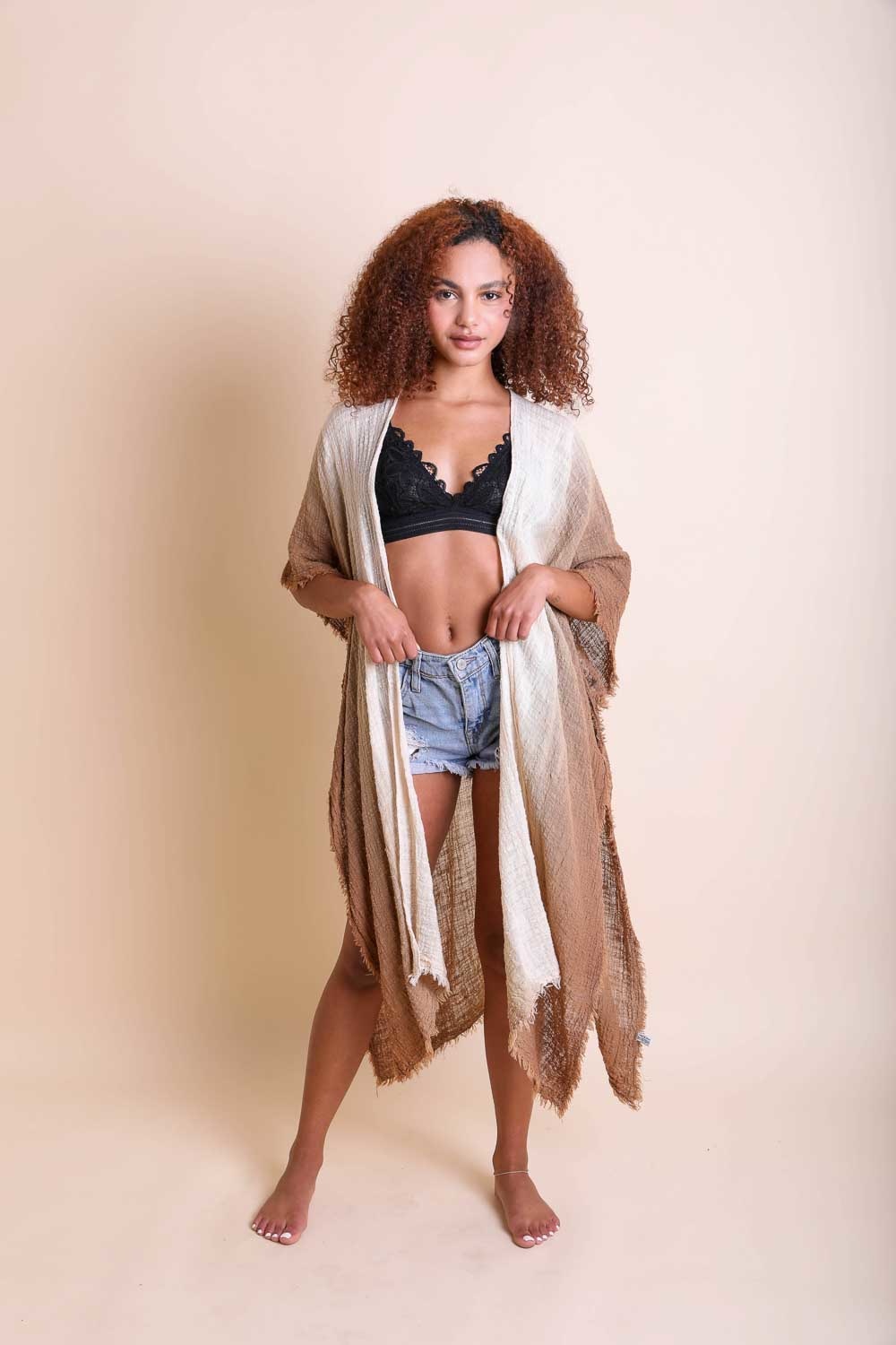 Ombre cotton kimono from Periwinkle Aether with tan and blue tones, lightweight accessories garment with flowing fabric.