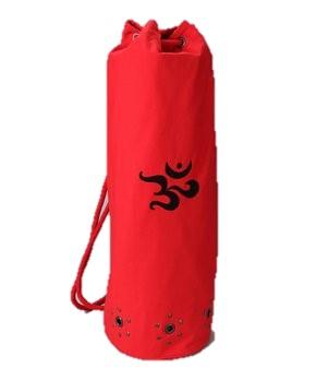 Red OMSutra OM Mahashakti yoga mat bag by Alabaster, designed as a stylish and functional yoga bag for carrying mats and accessories.