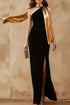 Taupe Gaia stylish one-shoulder slit maxi dress worn by a woman, showcasing elegant design and flowing fabric.