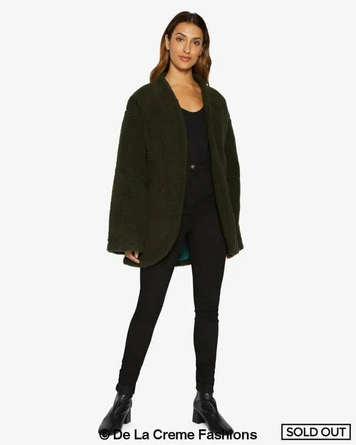 Rose Eleusis open front belted teddy coat in olive, stylish jacket with cozy fabric and a flattering belt detail.
