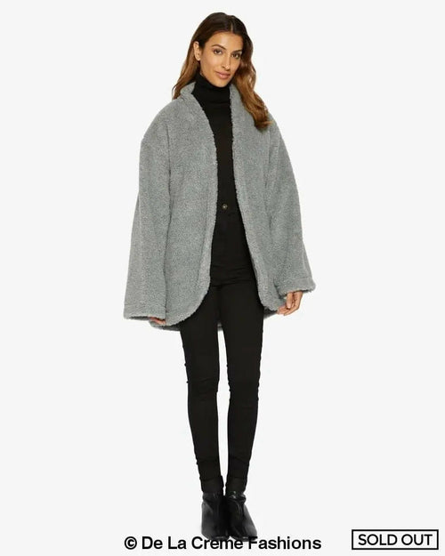 Open front belted Teddy coat by Rose Eleusis, silver color, cozy textured fabric, perfect for stylish winter layering.