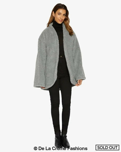 Open front belted Teddy coat by Rose Eleusis, silver color, cozy textured fabric, perfect for stylish winter layering.