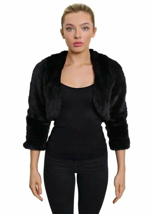 Black open-front faux fur bolero jacket by Rose Eleusis, lightweight with a soft, luxurious texture, perfect for stylish layering.