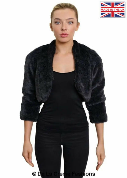 Grey open front faux fur bolero jacket by Rose Eleusis, stylish and cozy for casual or formal wear.