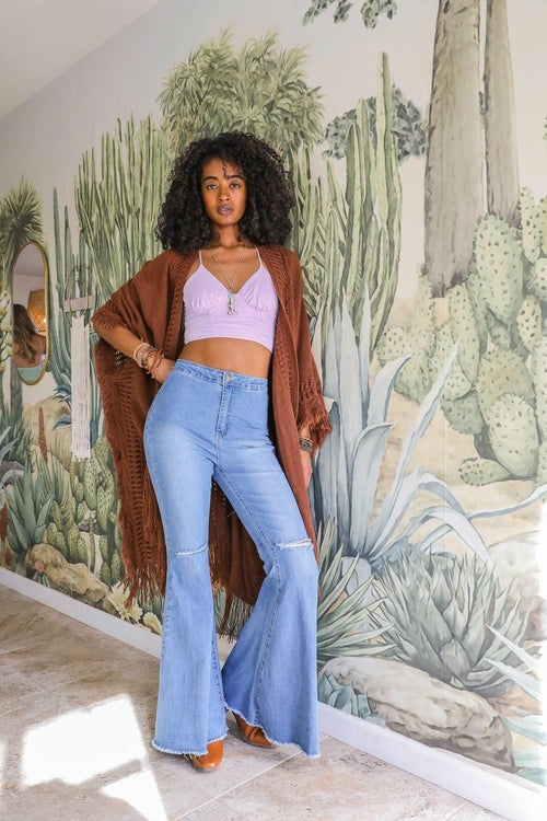 Open Work Frayed Bohemian Ruana by Periwinkle Aether, brown, lightweight accessories with a relaxed, open-weave design and frayed edges.