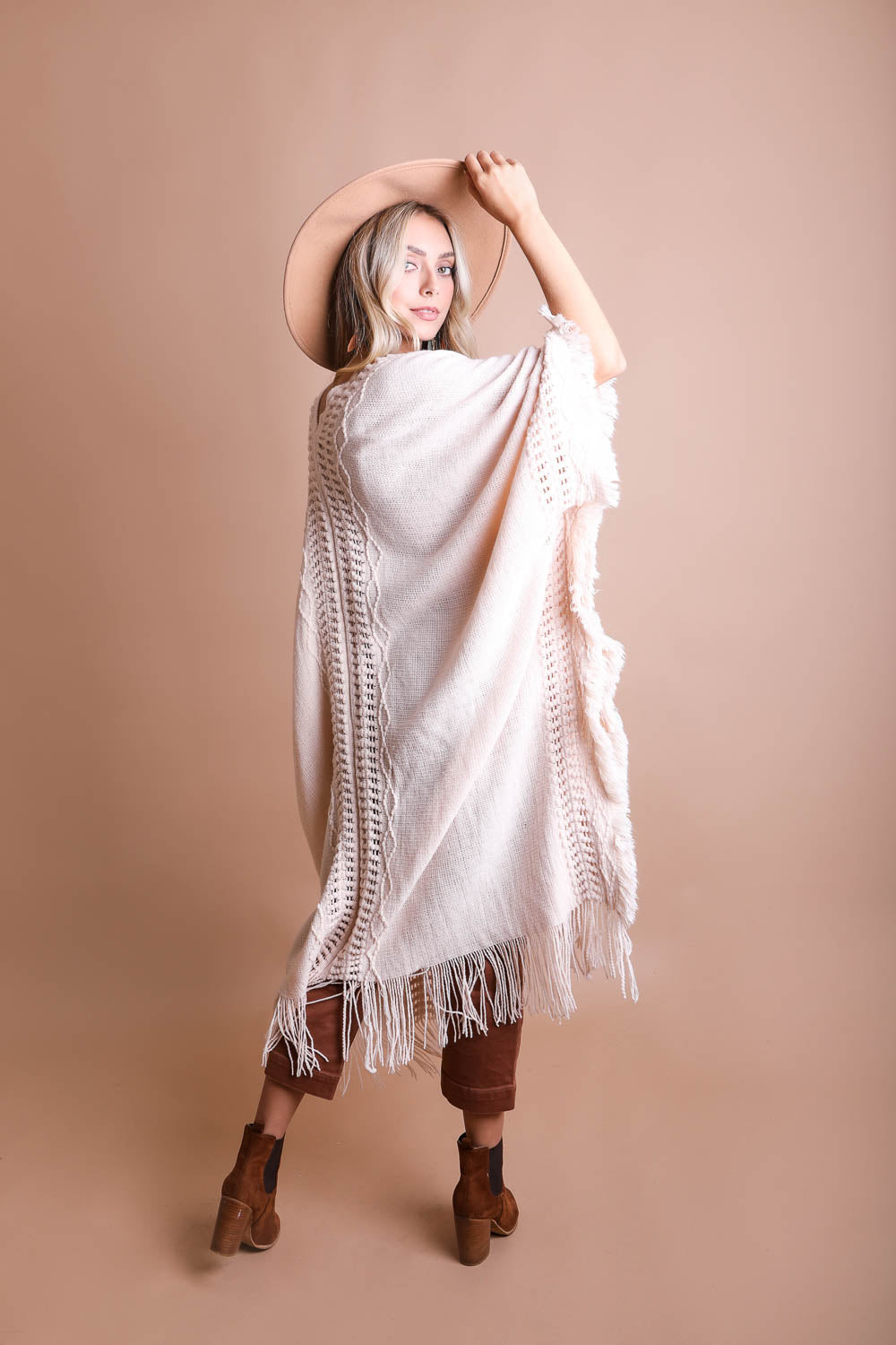 Open Work Frayed Bohemian Ruana by Periwinkle Aether, lightweight accessories with open-knit, frayed edges, perfect for layered style.
