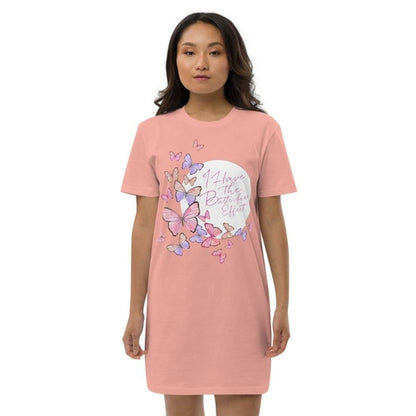 Cerise Alfie organic cotton t-shirt dress for women in canyon pink, front view showing relaxed fit and soft fabric.