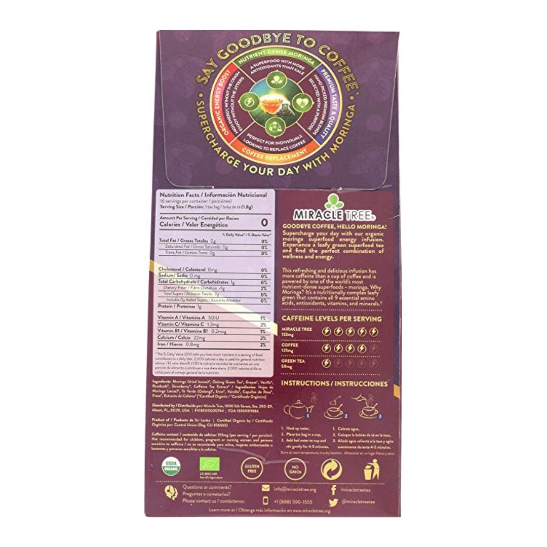 Organic Moringa Energy Tea by Gold Milo featuring grape and vanilla flavor in a natural beverage packaging.