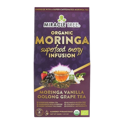 Organic Moringa Energy Tea by Gold Milo featuring grape and vanilla flavor in a natural beverage bottle.