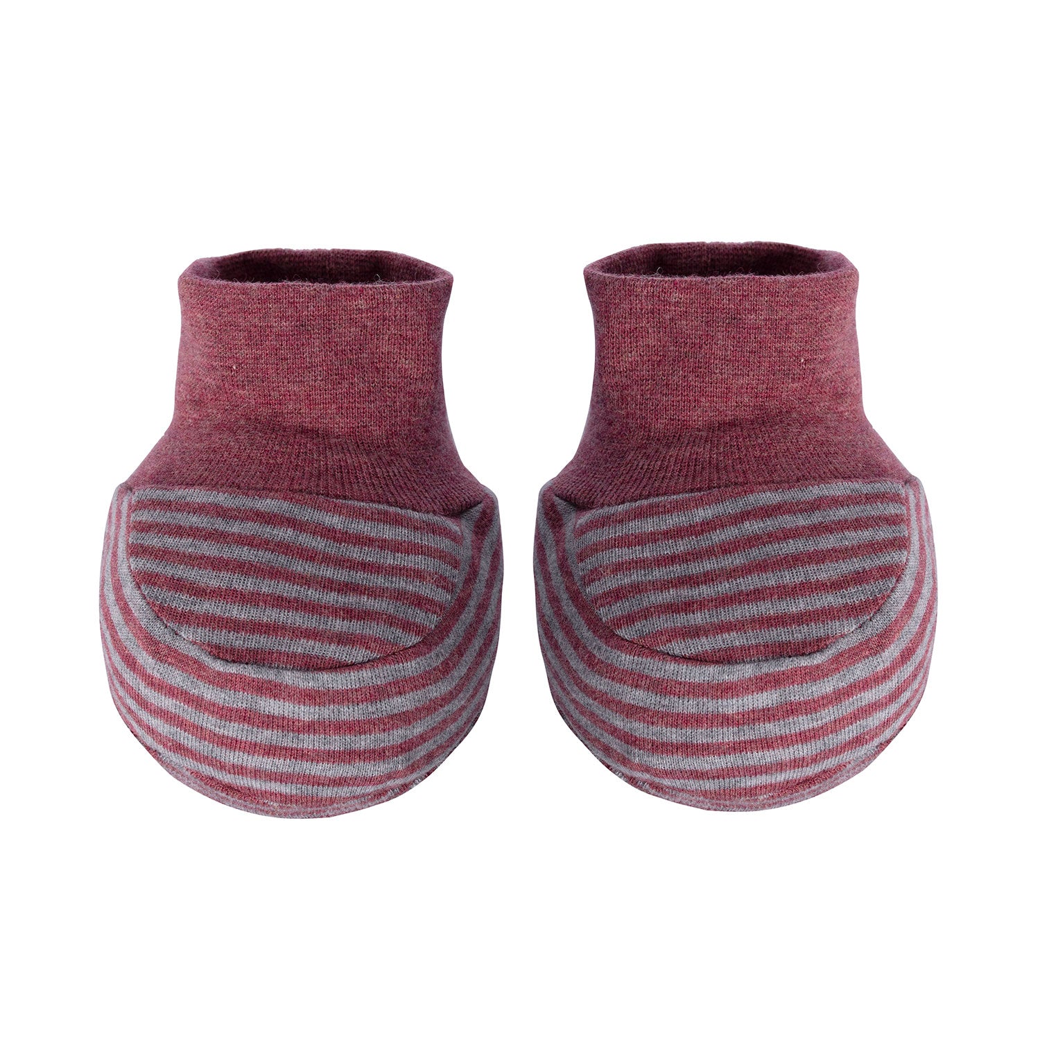 OrganicEra organic baby booties in Bordeaux stripe, made from bamboo, designed for kids and babies, soft and comfortable footwear.
