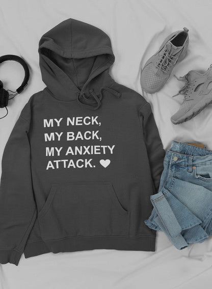 Jade Thalassa "My Neck My Back My Anxiety Attack" hoodie paired with trendy sneakers and jeans, casual outfit display.