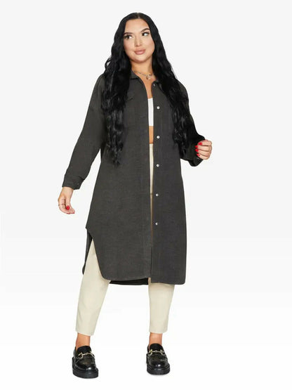Gray oversized longline shacket by Rose Eleusis, featuring a relaxed fit and button closure, ideal for casual layering.