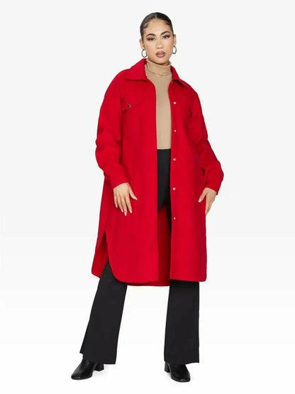 Red oversized longline shacket by Rose Eleusis, featuring a relaxed fit, button closure, and casual jacket style for UK sizes 8-14.