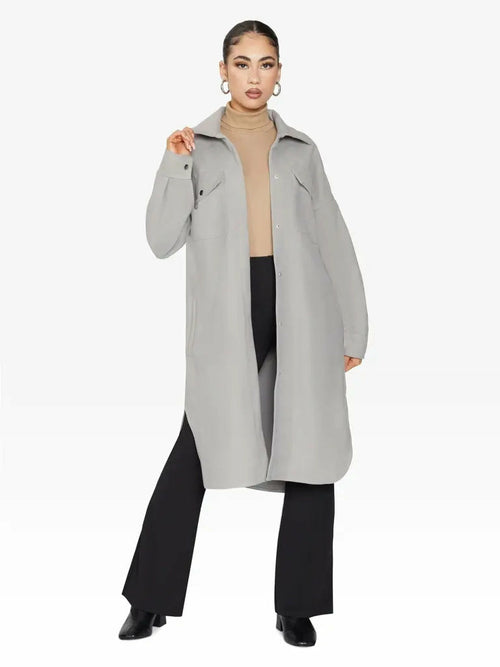 Silver oversized longline shacket by Rose Eleusis, casual jacket with a relaxed fit, suitable for UK sizes 8 to 14.