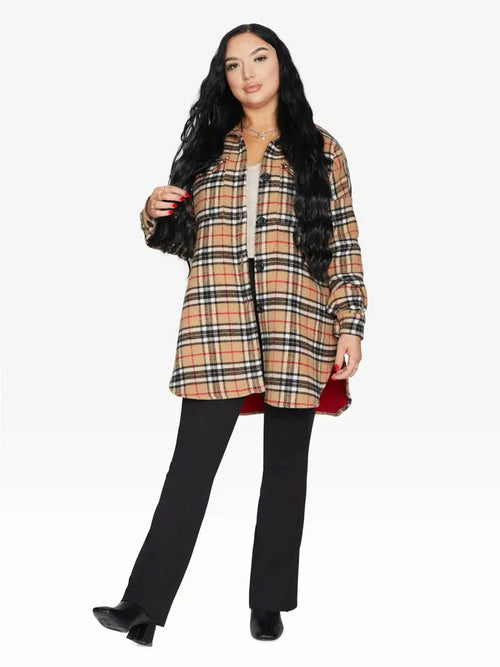 Beige oversized Nova check wool blend shacket by Rose Eleusis, featuring a relaxed fit and classic check pattern.