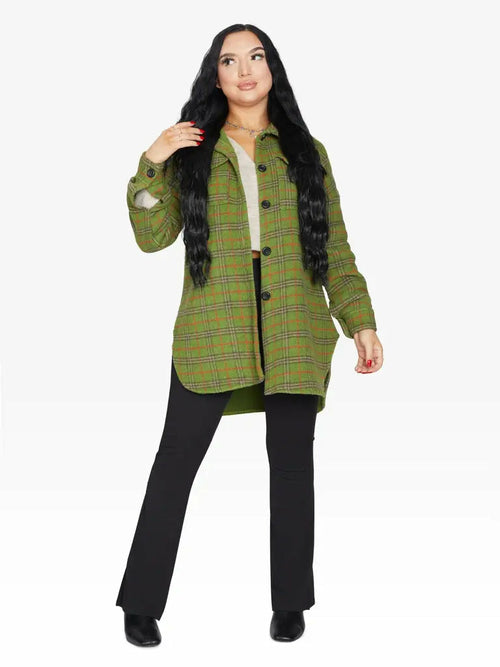 Green oversized Nova check wool blend shacket by Rose Eleusis, featuring a relaxed fit and classic check pattern, suitable for UK sizes 8-14.