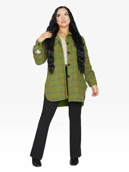 Green oversized Nova check wool blend shacket by Rose Eleusis, featuring a relaxed fit and classic check pattern, suitable for UK sizes 8-14.
