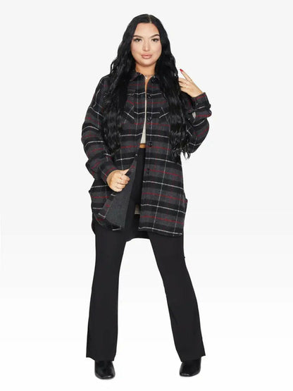 Rose Eleusis oversized Nova check wool blend shacket in grey, featuring a relaxed fit and classic check pattern.