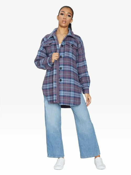 Rose Eleusis oversized Nova check wool blend shacket in lilac, featuring a relaxed fit and classic check pattern, suitable for UK sizes 8-14.
