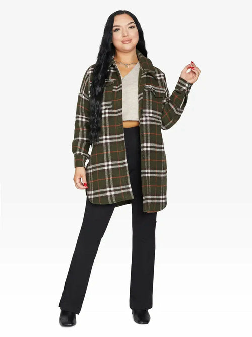 Rose Eleusis oversized Nova check wool blend shacket in olive, casual jacket with a relaxed fit for UK sizes 8-14.